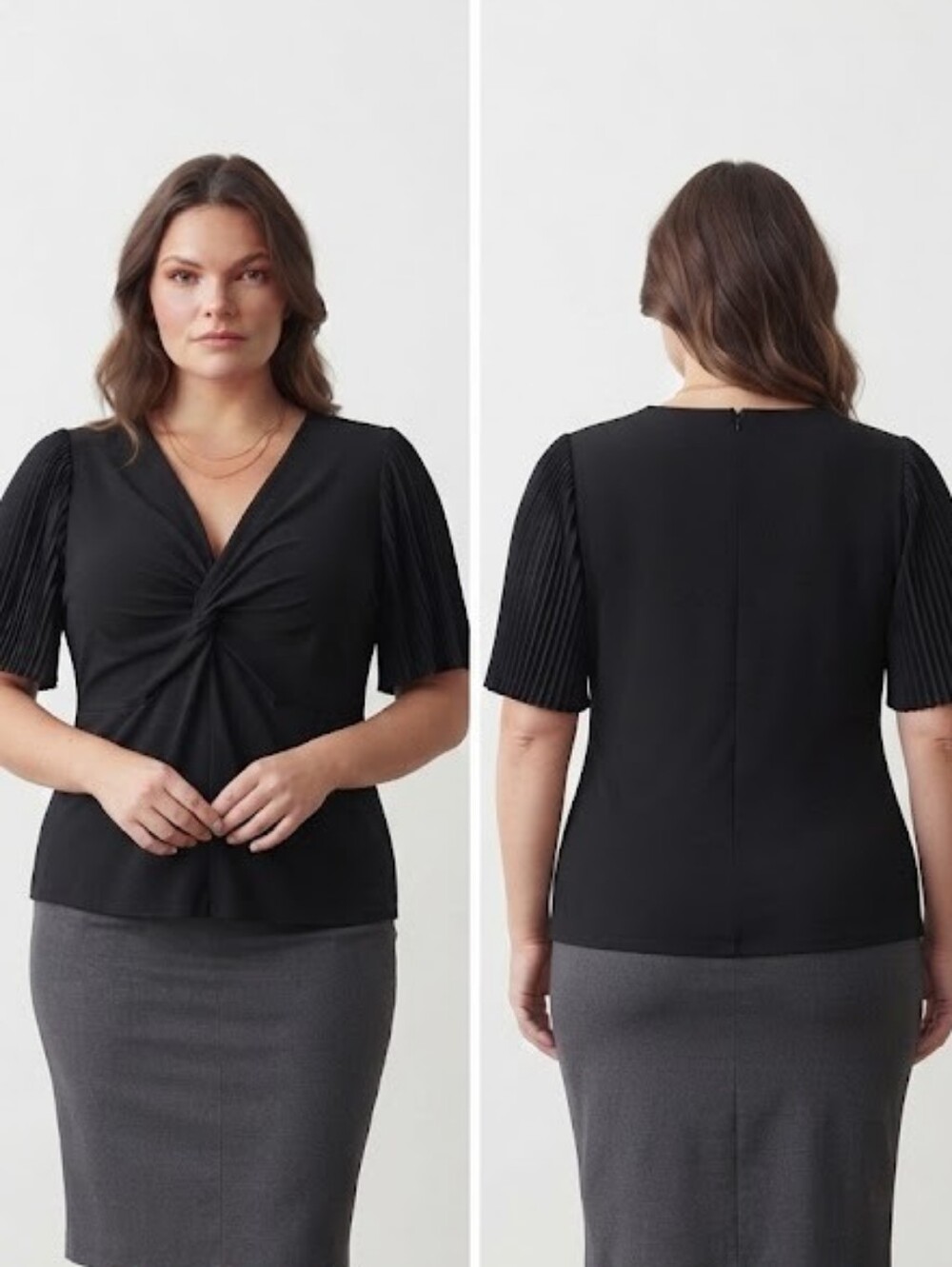 Cable & Gauge Black Twist-Front Pleated Sleeve Blouse Top L / G